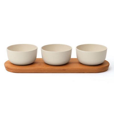BergHoff Leo 3Pc Bowl Set W/ Bamboo Tray, White