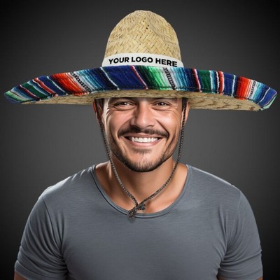 Large Natural Straw Sombrero with Serape Trim w/Black Band